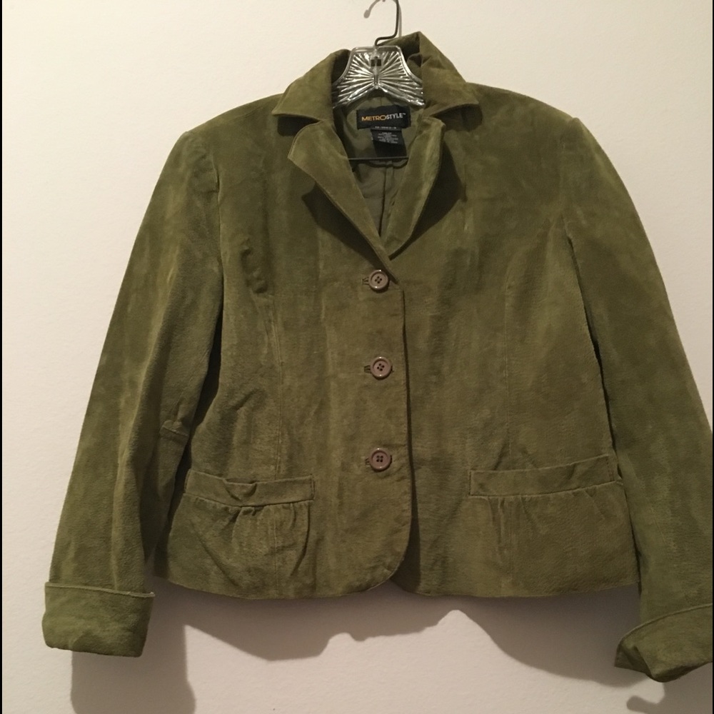 Metro Olive Green Leather Jacket - Size 12 Used